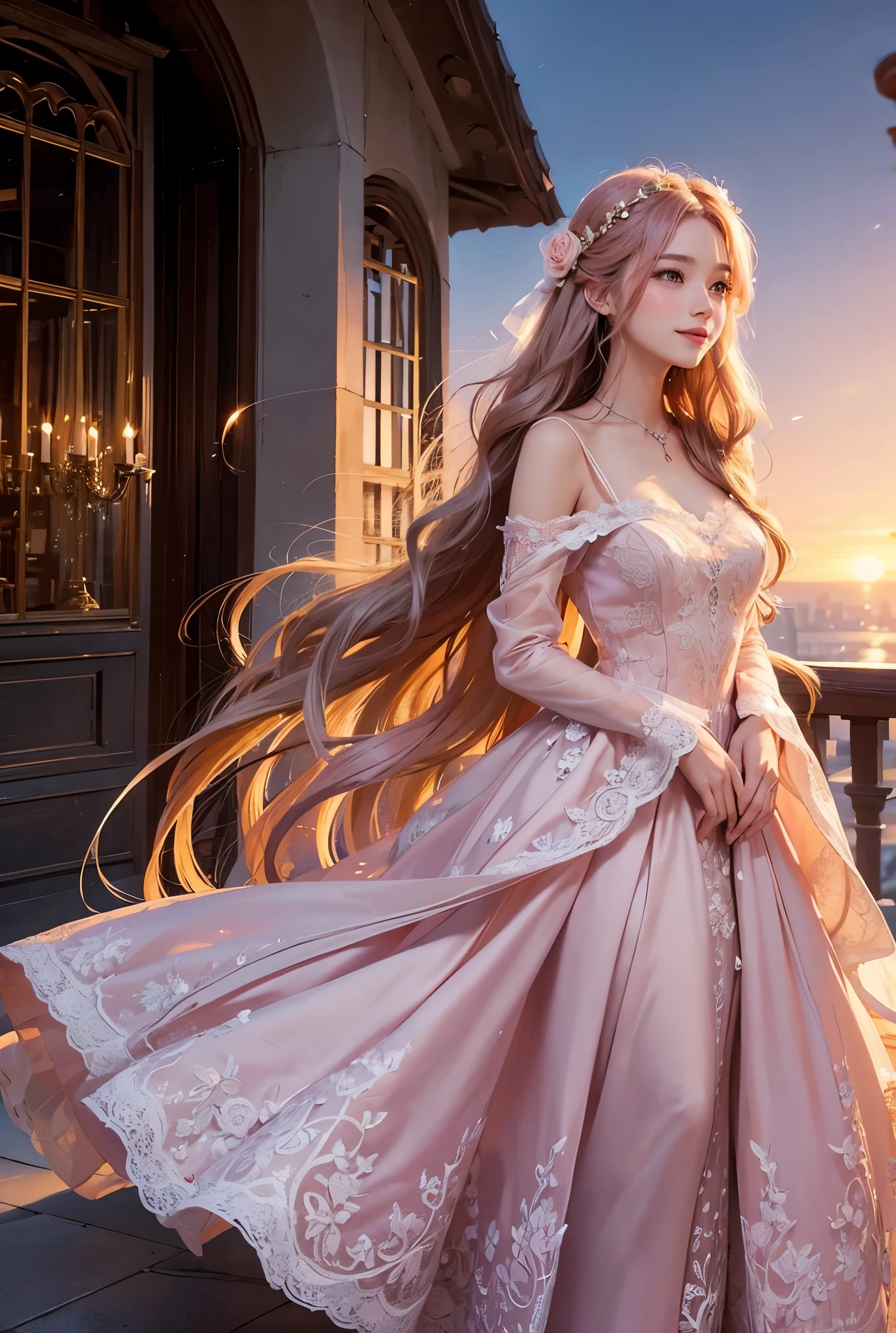 Beautiful woman with long flowy hair, in a blush pink & white gown with delicate lace details, while standing on a balcony overlooking a sunset-lit cityscape, holding a single rose, smiling peacefully, with a serene and loving expression