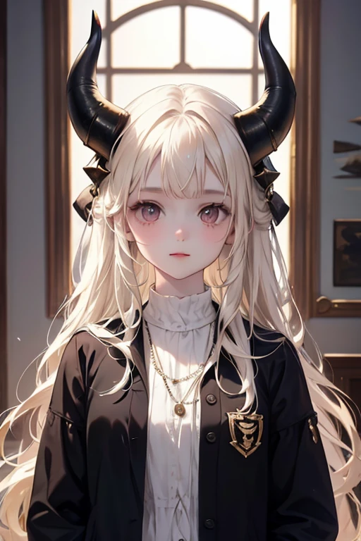 A girl in light clothes stands on the left in the art. She looks into the face, standing to her right, a guy with horns in dark clothes