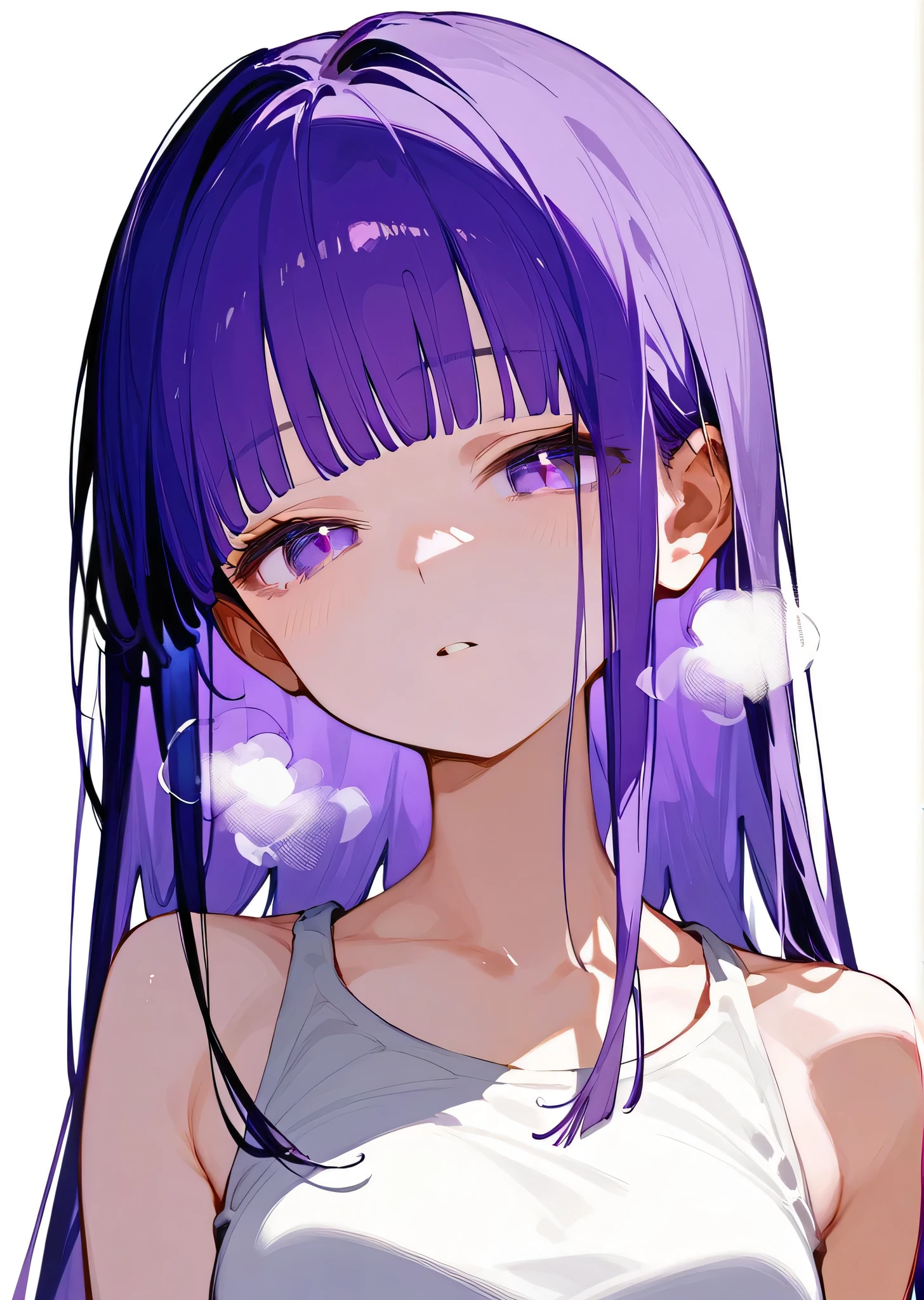((bestquality)), ((masterpiece)), (Detailed), perfect face,Small eyes,The nose looks sharp and sharp.,small mouth,Japanese girl with a young face,Highlighted hairstyle,very long hair((white purple)),naked,Stand in the shower facing straight.