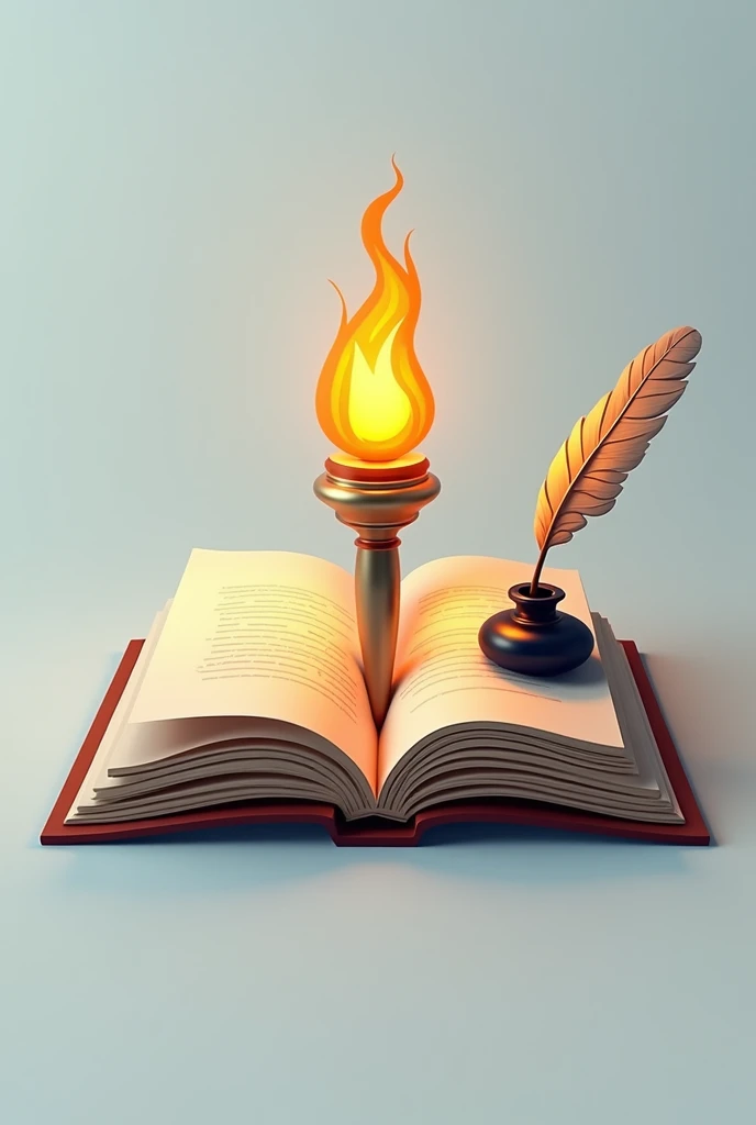 make a logo where an open page book has a drawing of torch and on the other page is quill and ink in 3d