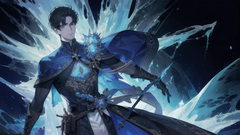(Absurd, High resolution, Super detailed), 1 male, Adult, good looking, Tall and muscular man, Broad shoulders, Detailed drawn eyes, Dark Hair, Fantasy, Complex patterns, Detailed face, Throne, Magical Effects, The optimal ratio is four fingers to one thumb, ice, intense cold, Cold wave, smile, (Dutch Angle), Mouth closed