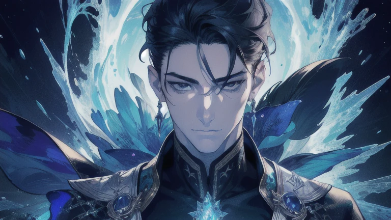 (Absurd, High resolution, Super detailed), 1 male, Adult, good looking, Tall and muscular man, Broad shoulders, Detailed drawn eyes, Dark Hair, Fantasy, Complex patterns, Detailed face, Throne, Magical Effects, The optimal ratio is four fingers to one thumb, ice, intense cold, Cold wave, smile, (Dutch Angle), Mouth closed