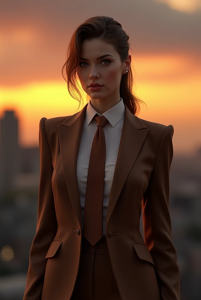 Sonata Dusk as elvis presley female with brown suit and brown necktie