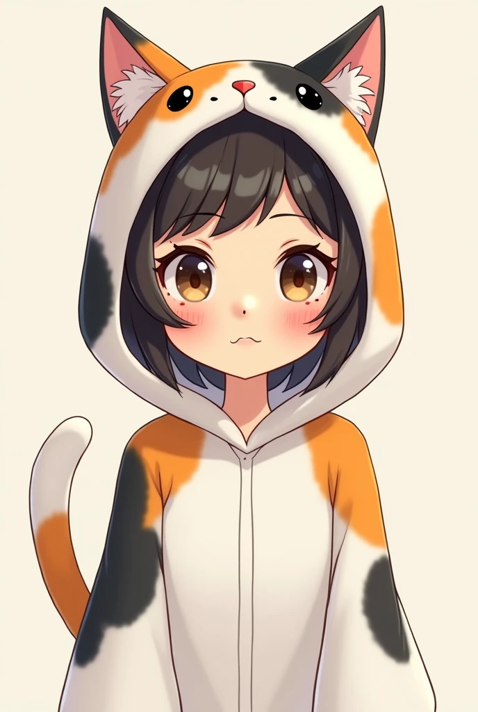 A beautiful middle aged Japanese woman wearing a cat costume with hoodies. The fur pattern should be that of calico cat: patches of white, black, and white. The costume doesn't have a cat face. It should show only above her chest. Make it caatoon like.