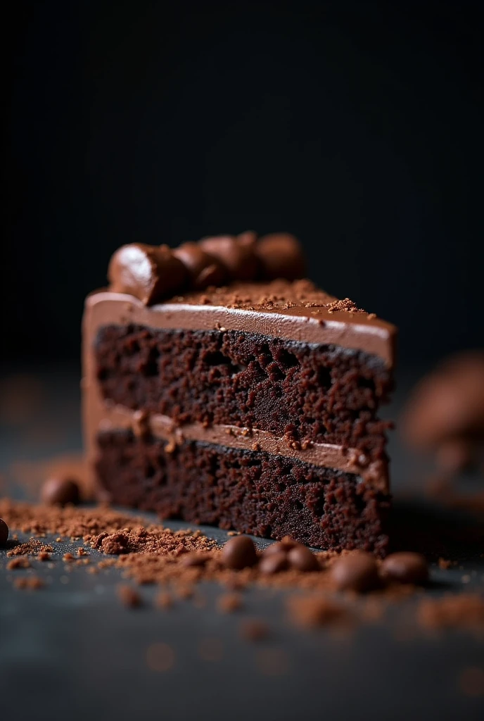 cinematic film still chocolate, chocolate cake, dark background, quality photo, moist texture, frosting, studio photo, slice . shallow depth of field, vignette, highly detailed, high budget, bokeh, cinemascope, moody, epic, gorgeous, film grain, grainy
