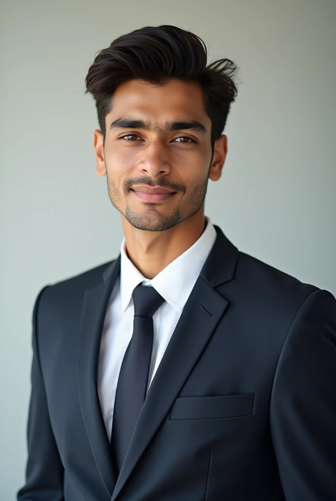 Generate a profile photo of an 18-year-old boy with fair Indian skin and a lean physique. He should be dressed in corporate formal attire, including a neatly pressed dress shirt, tie, and blazer. The background should be neutral and light-colored, with soft lighting that highlights his youthful features. The expression on his face should convey confidence and approachability, suitable for a professional setting