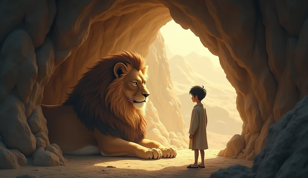 Shiro and Narcissus the lion (Raju) went to and requested him to decide. The lion was sitting inside his cave, and his face had a look of calmness and wisdom.