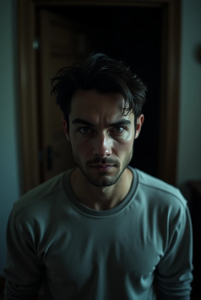 Close upoung and cautious man standing up in front of a dark living room door, nightmare