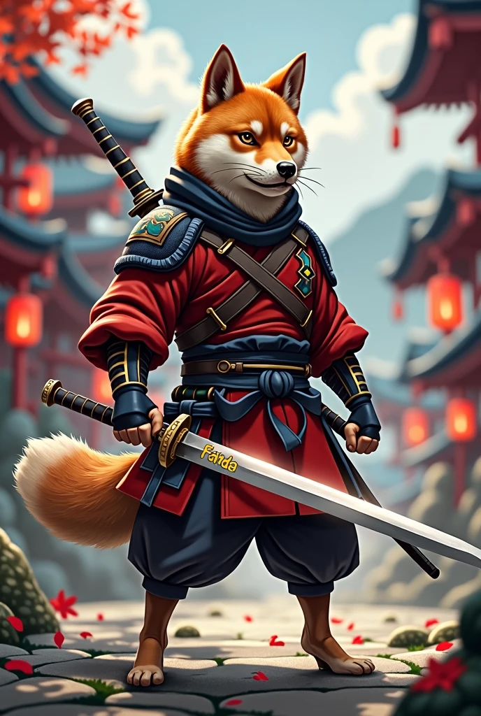 A Shiba Inu standing proudly in a traditional shinobi outfit, complete with a sword strapped to its back. The Shiba Inu is in a dynamic action pose, ready to leap into battle, with the name "Fanda" etched on the hilt of the sword. The background shows a traditional Japanese village with pagodas and lanterns glowing softly in the night.