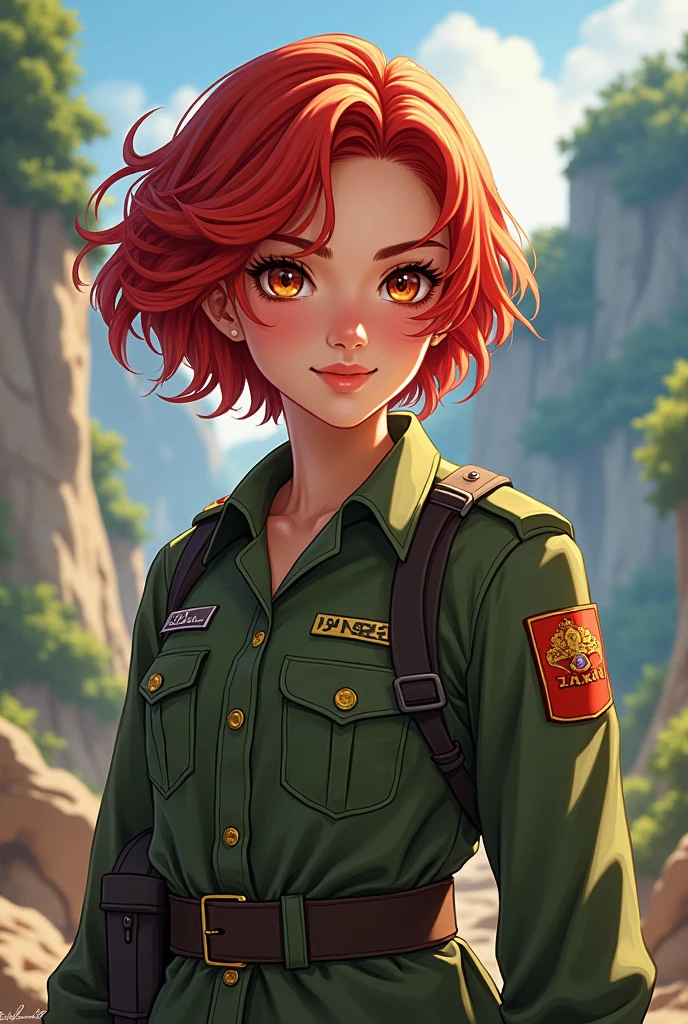 A story about a woman named Nirinthra, short wavy red hair, cheerful, bright eyes, a Thai soldier, a 21-year-old teenager, bold.