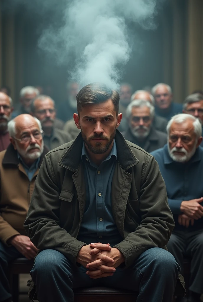 A young man sits among a group of elderly men listening to their conversations, his mind belching smoke from extreme anger.