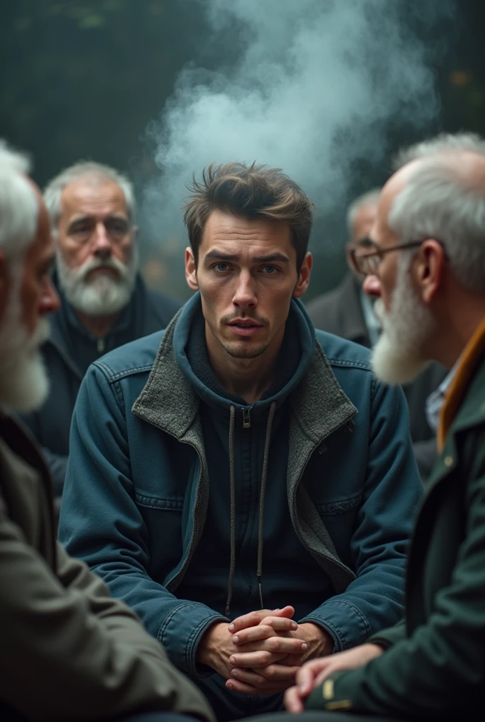 A young man sits among a group of elderly men listening to their conversations, his mind belching smoke from extreme anger.