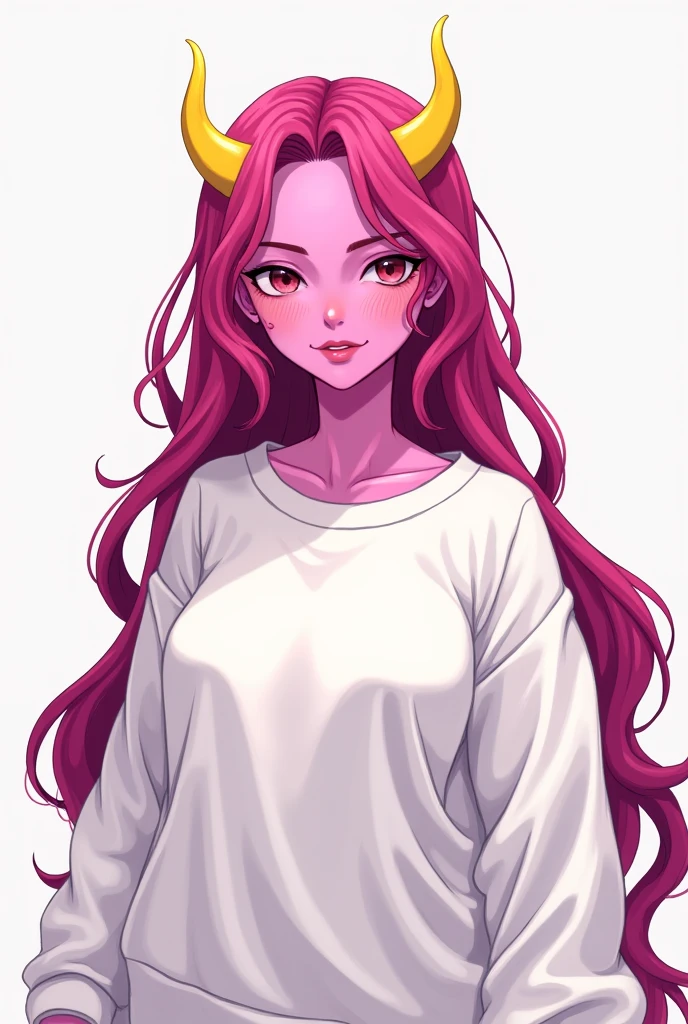 A girl with pink skin and magenta hair with two yellow horns, with big breasts and wearing a white sweatshirt