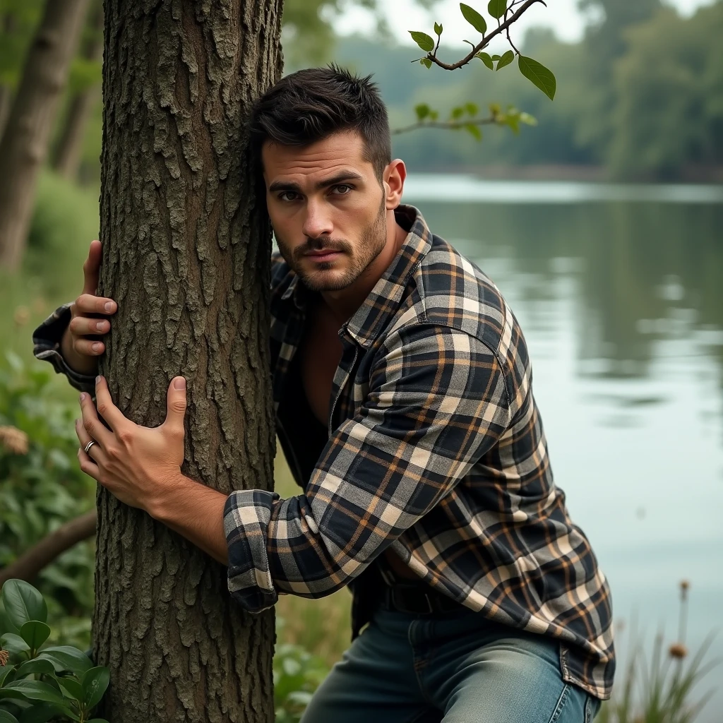 A white man, aged 35, model type, with short dark hair, with clear eyes, wearing a full plaid shirt and jeans, clinging to a tree. Background is a lake in Alentejo.