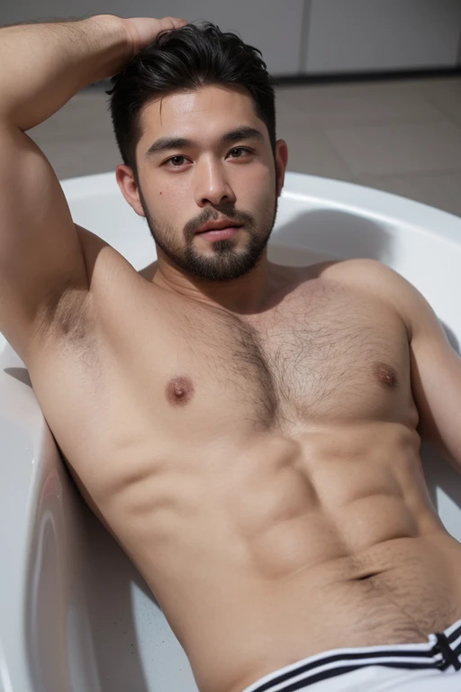 ((best quality)), ((masterpiece)), (detailed), perfect big detailed hairy plump muscle man in bath , beard, dark skin color, skinhead, Japanese men, In short boxers on the beach