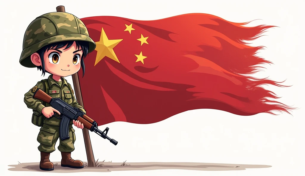 (The background is transparent)(There is a complete one)(On the left is the five-star red flag) (A cartoon character in camouflage military uniform holding an AK47 submachine gun in his right hand)(The theme is"If there is a war,Must return when summoned!",The font must be strong and powerful)(The whole picture looks very loving.)