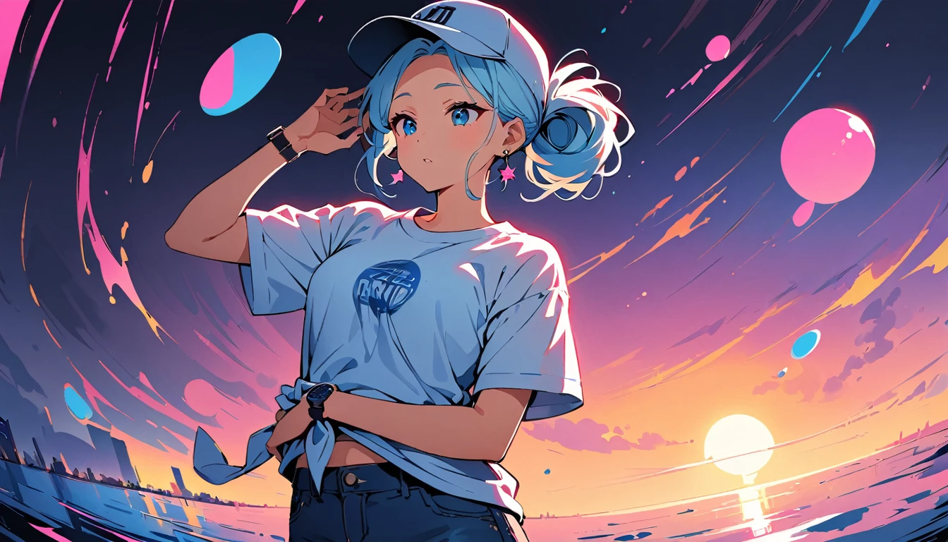 (high quality, 8k, 4K, High Contrast, masterpiece:1.2, 最high quality, Best aesthetics), (Dynamic Angle), ((1 female )), ((Plain and bright background)), ((Flat Color)),(Plain white T-shirt on the upper body), (jeans), Looking at the audience, Upper Body, Transparent Background, Sleepy eyes, High Contrast, Contrasting colors, Cowboy Shot, Pale pink and blue lighting, Long Hair, ((Tied Hair)) , Light blue hair, Small star-shaped earrings in both ears, Wearing a baseball cap, watch, bright eyeshadow, Cool look, Soap bubble, Small Tits, Her bra is slightly visible through her T-shirt , A body wet with rain