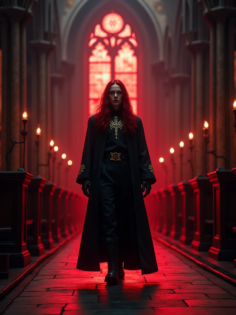 A striking cinematic image of a mysterious man with long, flowing red hair and piercing blue eyes. He is dressed in traditional priest attire with a touch of vintage gothic flair, complete with a long, flowing robe and ornate collar. The man walks in the central aisle of an ancient, darkly lit church, where the colors red and black dominate the scene. The church's architecture is ornate and gothic, with stained glass windows casting a warm, enigmatic glow., cinematic