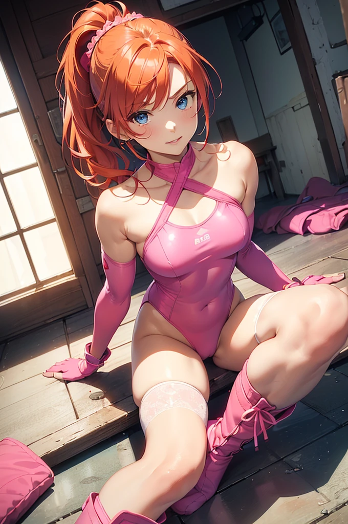 (masterpiece、Highest quality、detailed、HD、Highest quality、High resolution、Solo Character) {{20 year old orange-red haired girl:(Reddish orange hair、Medium Hair、The left side of her hair was tied in a short ponytail with two light blue flowers on the side of her hair.、Light blue eyes、Serious expression、Open Mouth Smile、Beautiful female body、Beautiful feet)、(Pink one-piece leotard、Pink wrestling boots、Pink Wrestling Knee Pads、pink arm sleeves、Pink elbow pads、Pink gloves)、(There are no people around、)}}