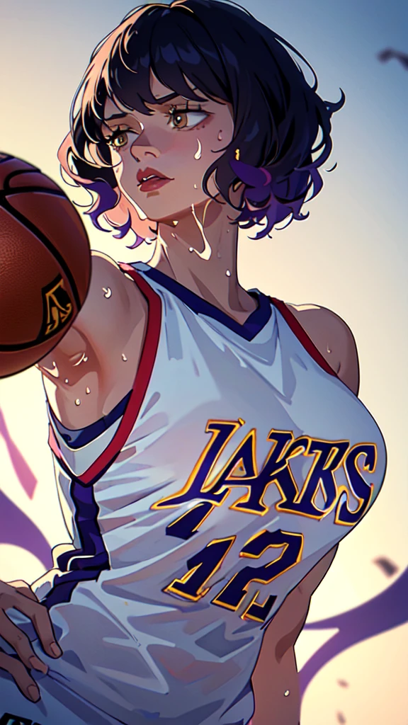 1girl, ((best quality)), ((masterpiece)), (detailed), perfect face, (best quality), (detailed skin:1.3), (intricate details), Female professional basketball player, NBA, ((dunk shot, bascketball)), under the goal, jumping, sweat pouring out, a scene during the game, Stussy, medium boobs, seductive, basketball, hi-res, "Lakers" on jersey