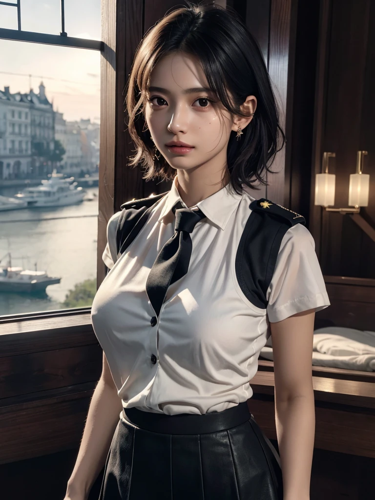 absurdres, RAW photo, extremely delicate and beautiful, masterpiece, Best Quality, ultra high resolution, 32k, hyperrealistic, realistic, photorealistic, photo-realistic, Real, ultra-detailed, Very detailed CG 8k wallpaper, detailed background, landscape, Beautiful Lighting, Perfect Lightning, Realistic Shadows, perfect anatomy, anatomically correct, ideal ratio body proportions, perfect figure, Perfect Style, Perfect balance, super Detailed skin, in her 30s, very Slim body, narrow waist, very small head, very small face, delicate facial features, handsome detailed woman, very detailed eyes and face, realistic face proportions, Realistic beautiful face, Realistic beautiful eyes, tearful mole, earring, whole body shot, legs, Thighs, Calves, very huge round tits, medium hair, asymmetrical hair, wavy hair, police uniform, skirt, shirt, vest,