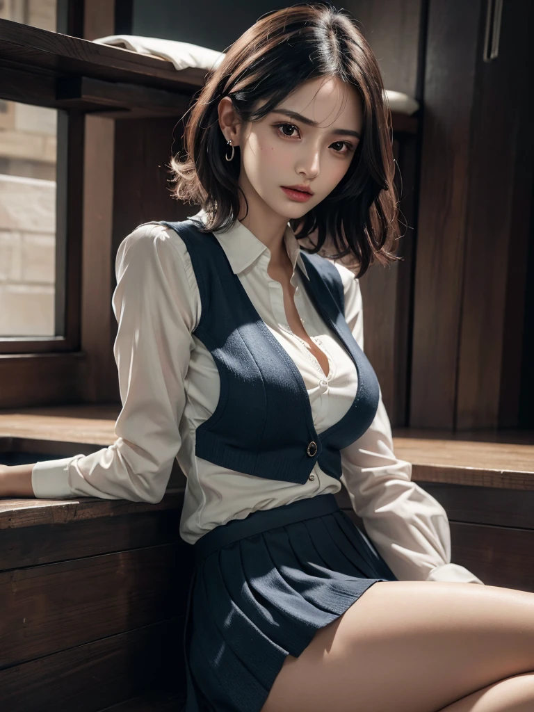 absurdres, RAW photo, extremely delicate and beautiful, masterpiece, Best Quality, ultra high resolution, 16k, hyperrealistic, ultra-detailed, perfect anatomy, super Detailed skin, perfect figure, Very detailed CG 8k wallpaper, in her 20s, very Slim body, narrow waist, very small head, very small face, delicate facial features, tearful mole, earring, thin legs, (very huge round breasts), (3 girls), full body shot, short hair, (wavy hair), (light brown hair), (wet clothes), ((school uniform)), (blazer), ((crotch spreading)),