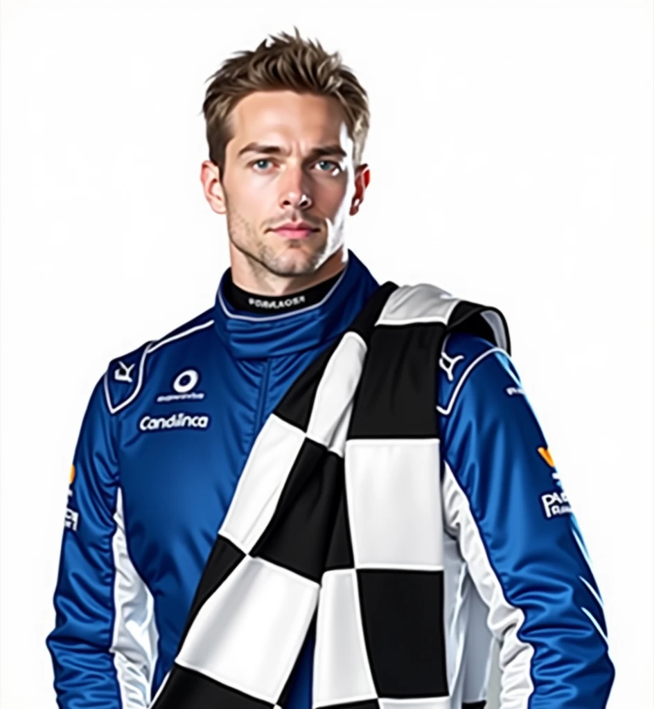 (masterpiece, top quality, best quality, official art,beautiful and aesthetic:1.2),(4k,8k, best quality,masterpiece:1.2),(((white background))), solo,Male race car driver, wearing a blue racing suit, representing the racing uniform. The character has a clear and accurate structure, modern realistic representation, and consistent lighting that looks natural and believable.