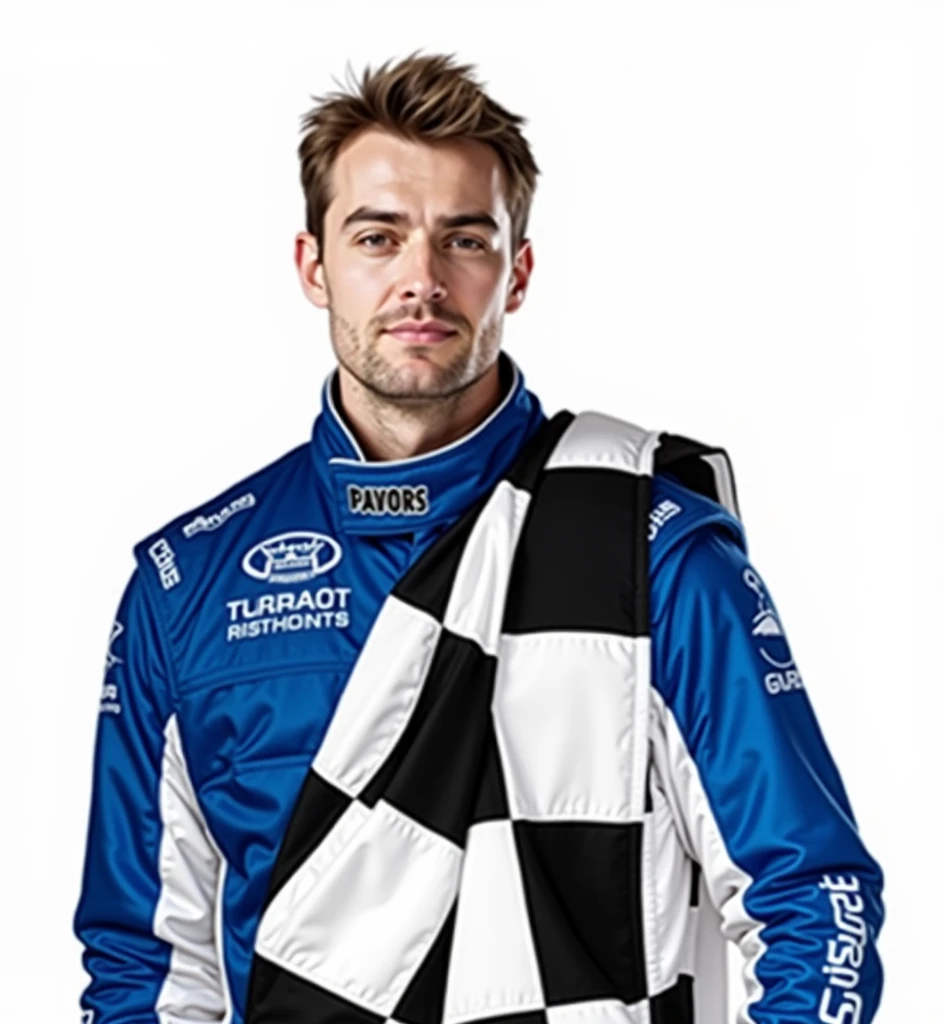 (masterpiece, top quality, best quality, official art,beautiful and aesthetic:1.2),(4k,8k, best quality,masterpiece:1.2),(((white background))), solo,Male race car driver, wearing a blue racing suit, representing the racing uniform. The character has a clear and accurate structure, modern realistic representation, and consistent lighting that looks natural and believable.
