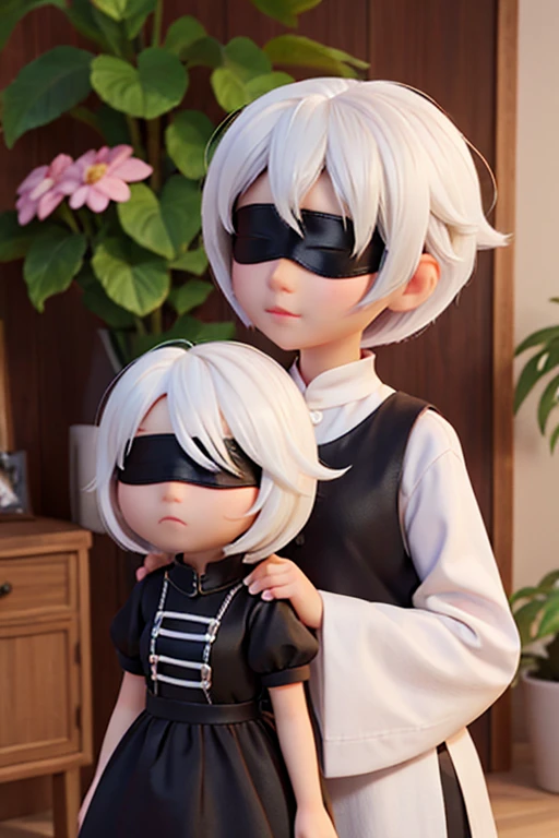 16age、female、White Hair、Blindfold、Black clothing that stands out、Bob Hair、
