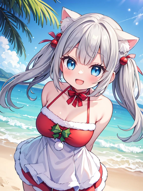 (Summer Christmas:1.3), Beach, 1 girl, cute, Santa Claus, Merry Christmas, (Cat ear), ((Gray Hair)), Medium Hair, Bangs, Blue Eyes, (smile:1.3), (Open your mouth:1.3), (Arms at your sides:1.3), Outdoor, (noon), summer, Shot from above, Cowboy Shot, ((Highest quality)), ((masterpiece)), (Detailed), Perfect Face, Perfect Arms, (Perfect hands), (Perfect Fingers), anime, Ultra-fine illustration,