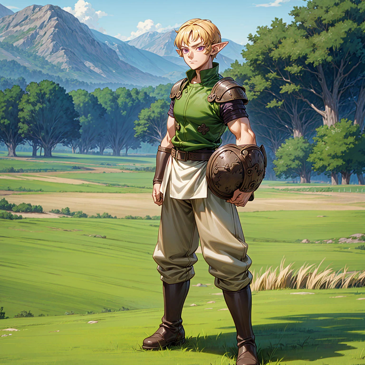 Solo character, full body version, young man, muscle, (elf), purple eyes, blonde color hair, Curly haircut, soldier clothing, long brown pants, boots, outdoor, field, Greenland, detailed background, detailed clothing, detailed hair, muscle, standing gesture, (food wars style art, one piece style art, one piece style art), happy eyes, heavy armored 