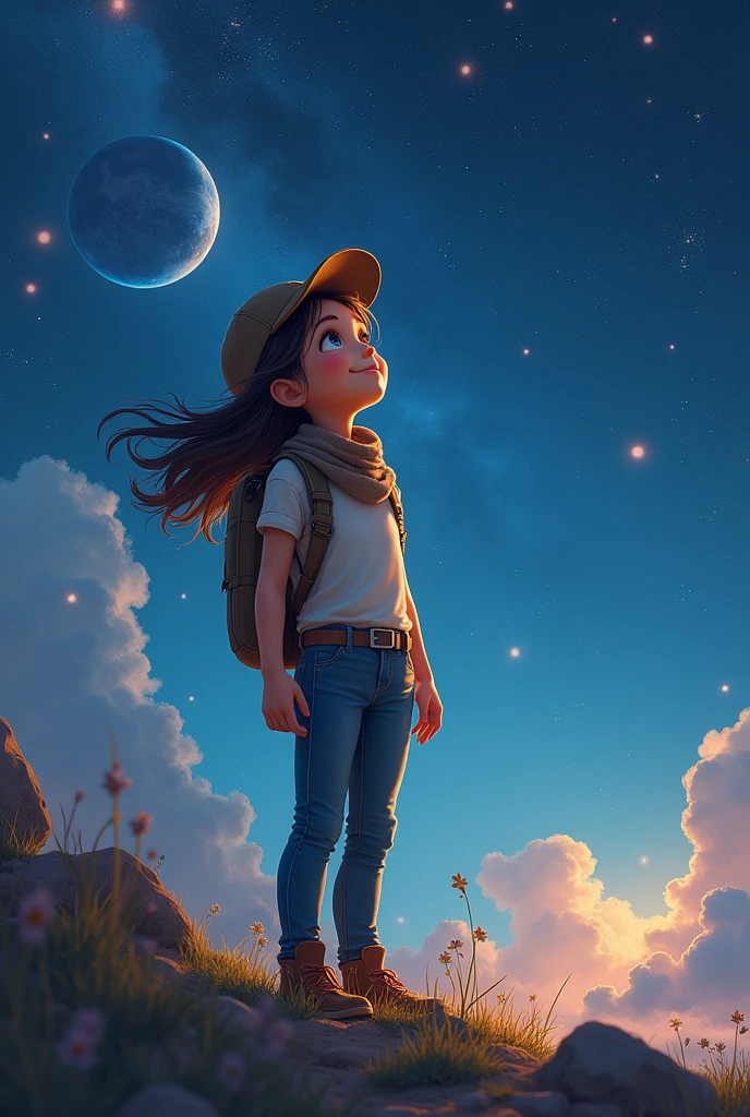 best quality, high resolution, distinct image, concept art, night sky, stars, moon, girl, smile, hair, eyes, mouth, hands, feet, clothing, jeans, t-shirt, scarf, hat, space, spaceship, spacesuit, astronaut, planet, galaxy, beautiful, cute, cozy, natural, dreamy, relaxed, sparkling, lovely