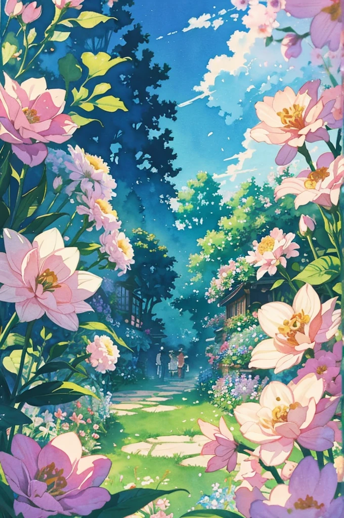 Studio ghibli inspired,Watercolor Floral, Garden Background, Watercolor, Blurry, Flower, Floral Phone Wallpaper