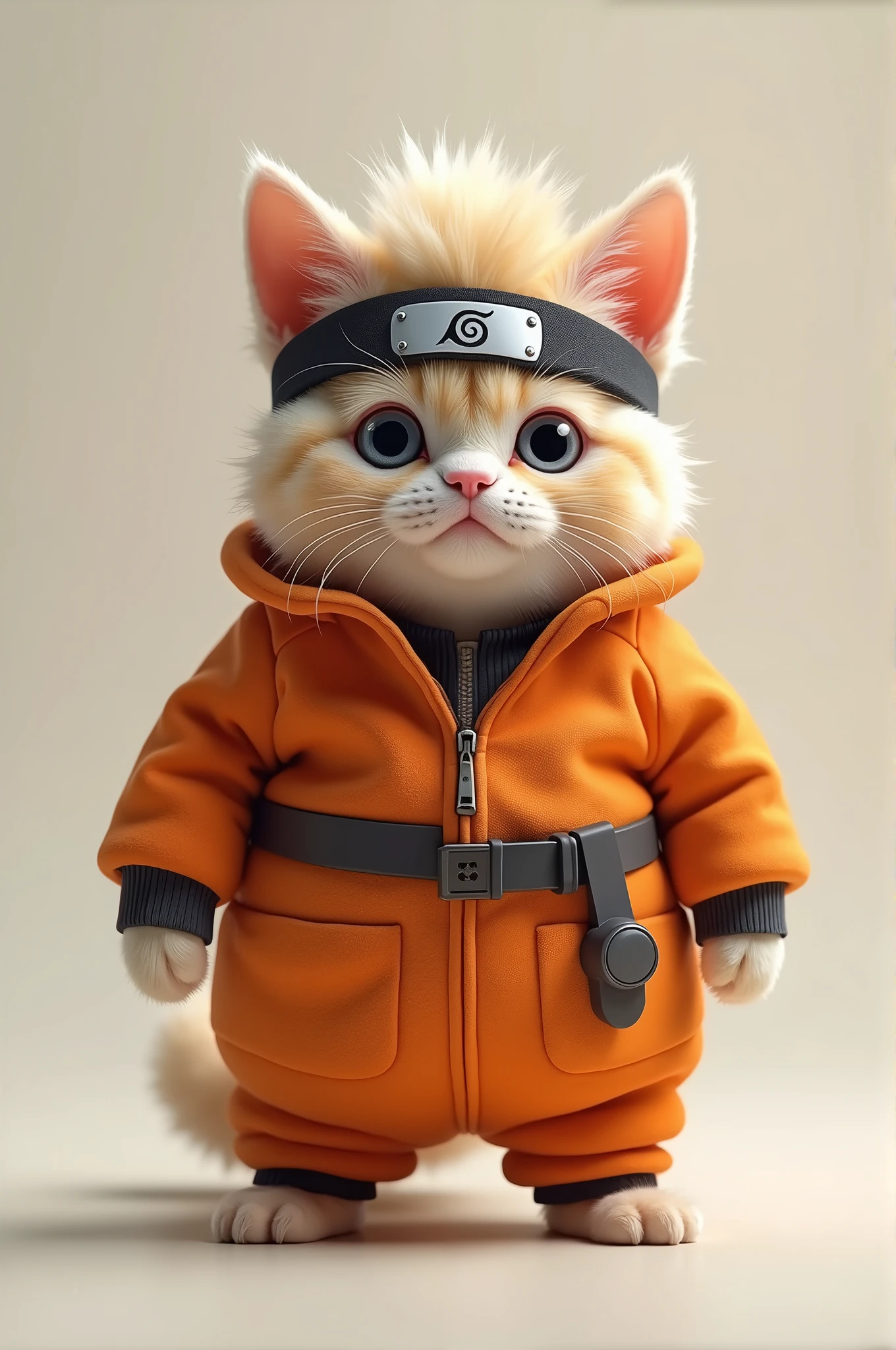 Photorealistic, 64K, A cute fat cat wearing a naruto costume, standing up,