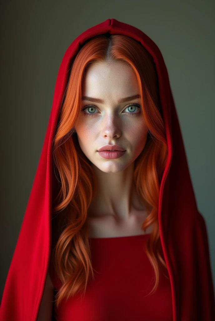 25 year old woman with copper hair, White skin, green eyes, portrait photo, in a long cloak, bodycon red dress, beautiful detailed eyes, beautiful detailed lips, extremely detailed eyes and face, long eyelashes, high quality, 8 K, hyperrealistic, photorealistic, physically based rendering, bright colors, studio lighting, complex parts