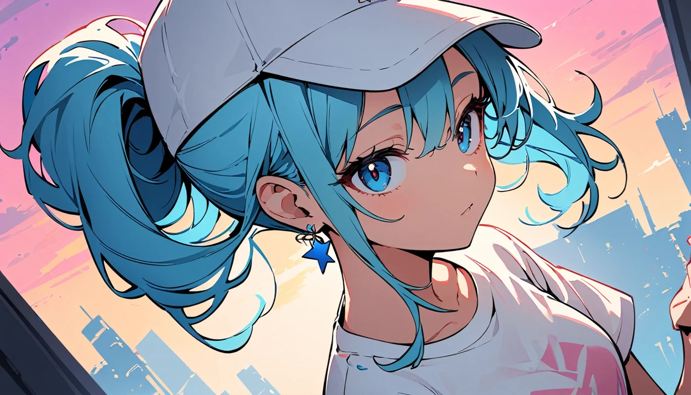(high quality, 8k, 4K, High Contrast, masterpiece:1.2, 最high quality, Best aesthetics), (Dynamic Angle), ((1 female )), ((Plain and bright background)), ((Flat Color)),(Plain white T-shirt on the upper body), (jeans), Looking at the audience, Upper Body, Transparent Background, Sleepy eyes, High Contrast, Contrasting colors, Cowboy Shot, Pale pink and blue lighting, Long Hair, ((Tied Hair)) , Light blue hair, Small star-shaped earrings in both ears, Wearing a baseball cap, watch, bright eyeshadow, Cool look, Soap bubble, Small Tits, Her bra is slightly visible through her T-shirt , A body wet with rain. Raining background