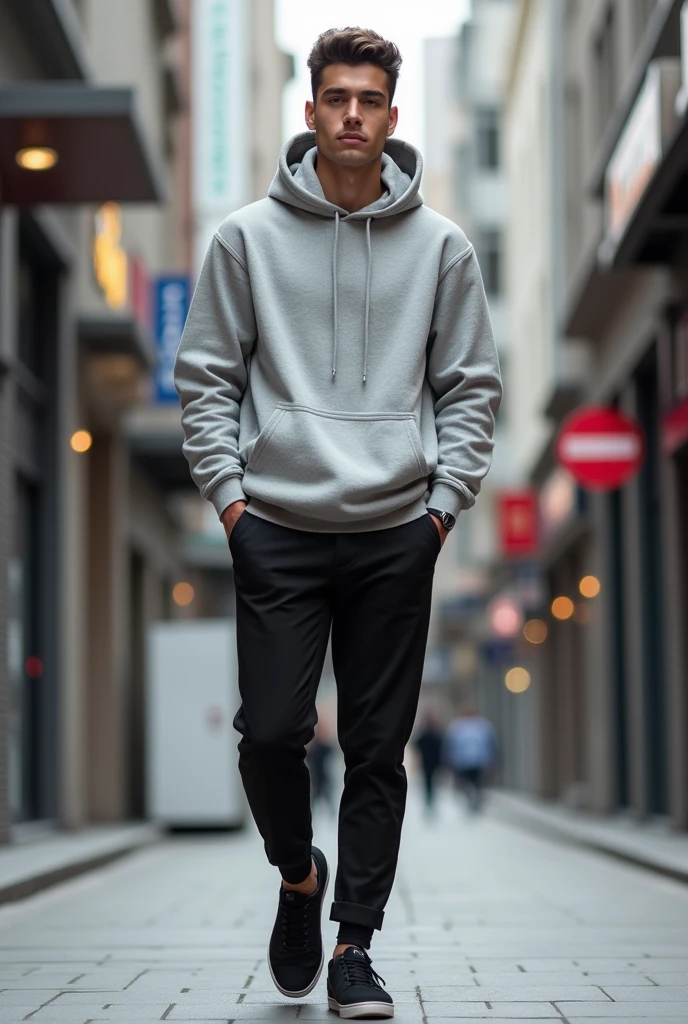 a man wearing a grey hoodie with black trousers with black sneakers also wearing black socks