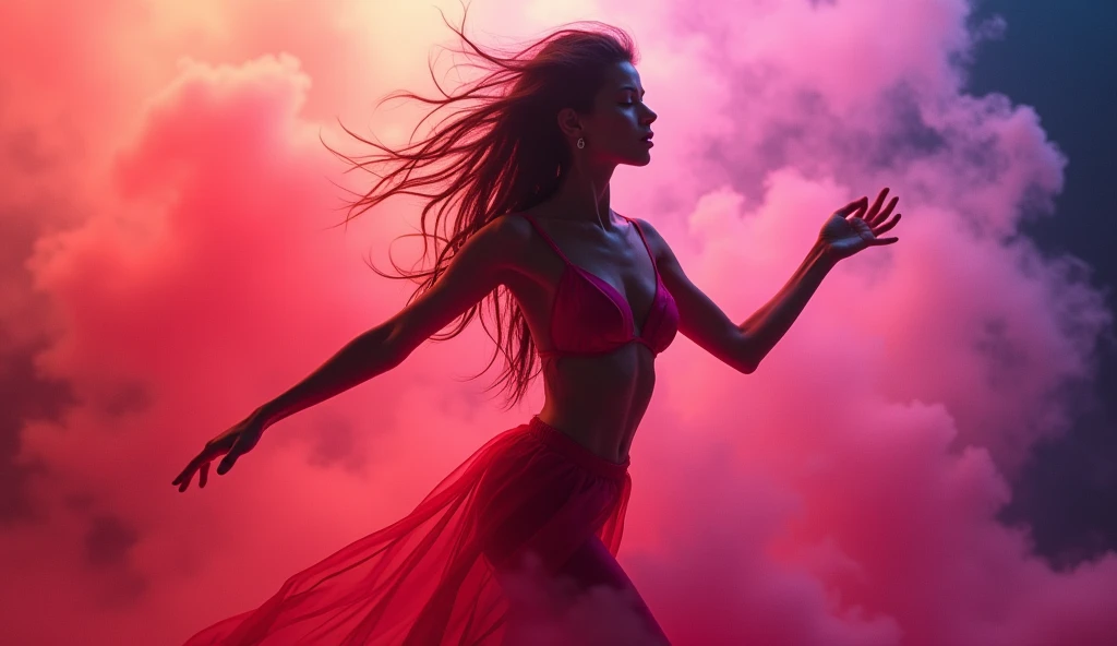a beautiful woman in electronic music culture clothes, dancing EDM, in the background and around a lot of colored smoke