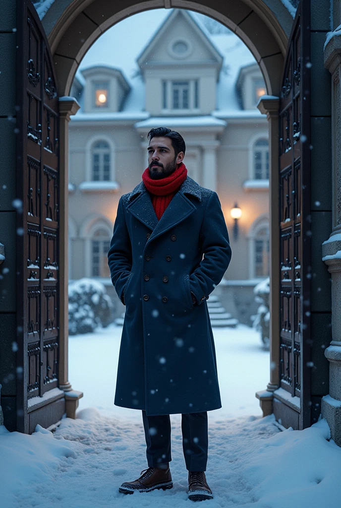 A 21-year-old young rich man with a small beard and big mustache, wearing a lush bluish pent coat and a red muffler. Snow-covered ground and icy environment. Dark, cold night with heavy snowfall. standing in front of grand mansion entrance door, looking outside at the snow, snowy and cold environment.