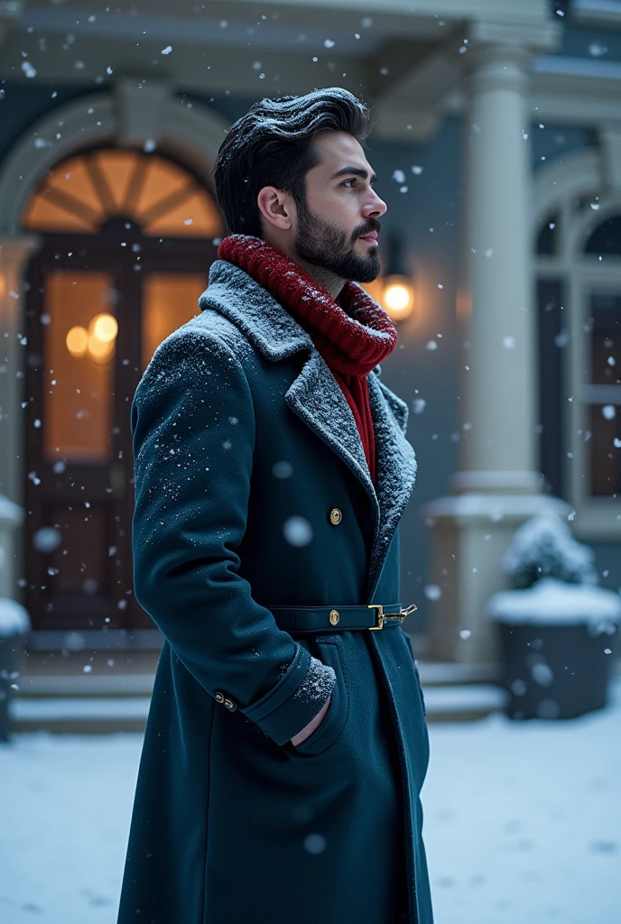 A 21-year-old young rich man with a small beard and big mustache, wearing a lush bluish pent coat and a red muffler. Snow-covered ground and icy environment. Dark, cold night with heavy snowfall. standing in front of grand mansion entrance door, looking outside at the snow, snowy and cold environment.