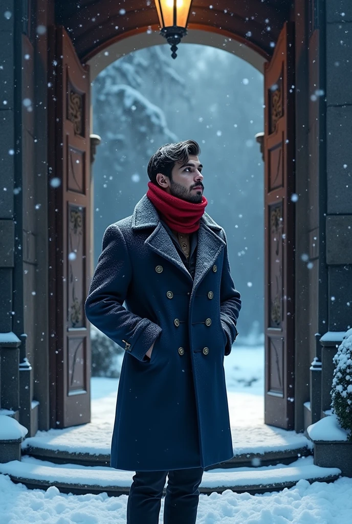A 21-year-old young rich man with a small beard and big mustache, wearing a lush bluish pent coat and a red muffler. Snow-covered ground and icy environment. Dark, cold night with heavy snowfall. standing in front of grand mansion entrance door, looking outside at the snow, snowy and cold environment.