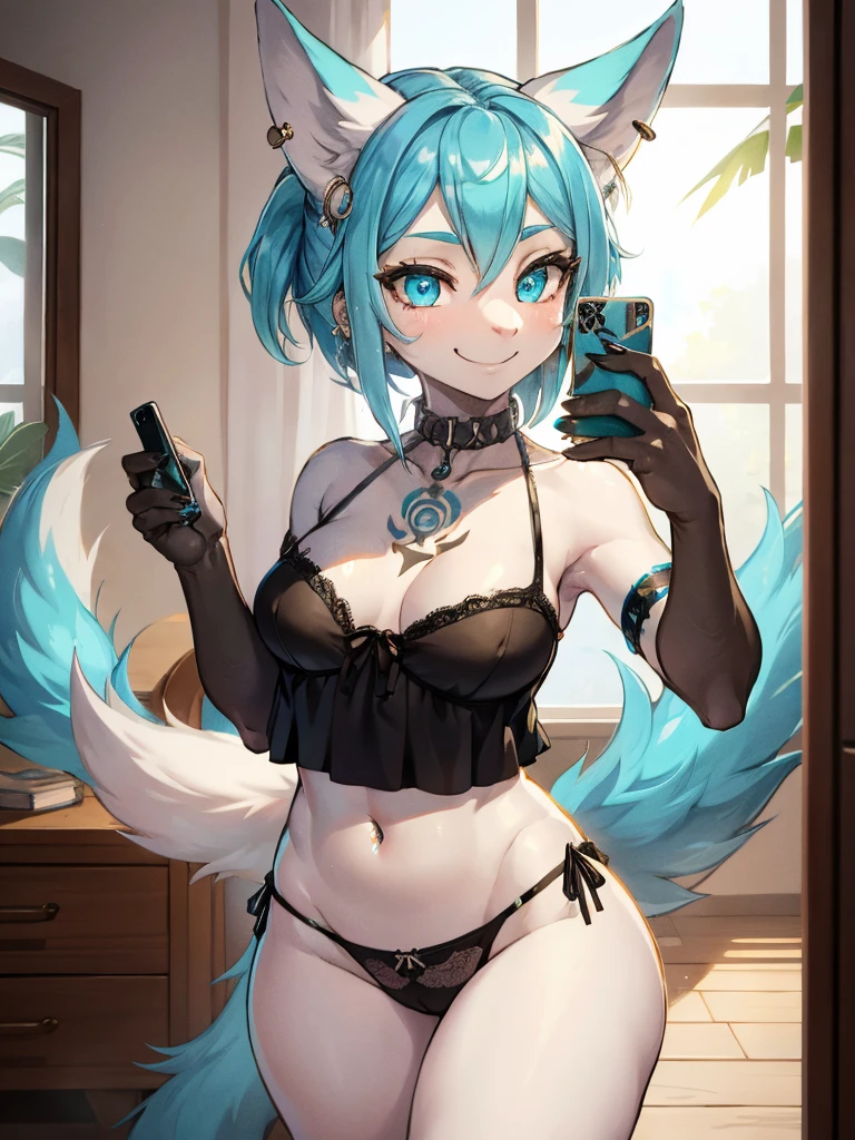 Miku Hatsune, add high definition_detail:1, blue fur,kitsune ears, tribal tattoo add_detail:1, She takes a selfie in front of the mirror in a room during a full moon showing off her beautiful figure and her outfit. (black blouse bare shoulders, flirty lingerie panties)sweaty body add_details:1, smiling add_detailsl:1, ear piercing add_detail:1, glowing blue eyes.