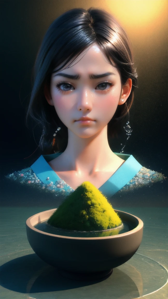 a beautiful Japanese girl in a bowl of water with a stick transduction, expression An exaggerated frown or a pouting face to emphasize frustration.a 3D render inspired by Chris LaBrooy, shutterstock contest winner, stuckism, 3 d illustration, 3d illustration, depicted as a 3 d render, stuck, trend on behance 3 d art, trend on behance 3d art, water manipulation photoshop