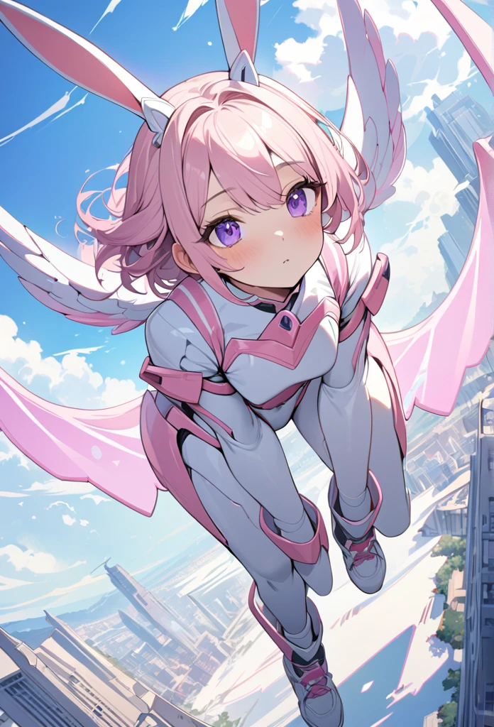 Amazing beauty, girl, masterpiece, best quality, detailed, 8K, high resolution, long baby pink hair, purple eyes, expressionless, pink valkyrie uniform, heavily armored mechanical body, wings, sneakers, framed angle, flying, vanilla sky, divine, majestic, bunny ears