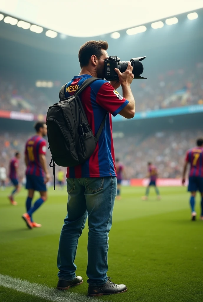 Messi as a photographer in a football ground with a large camera. 