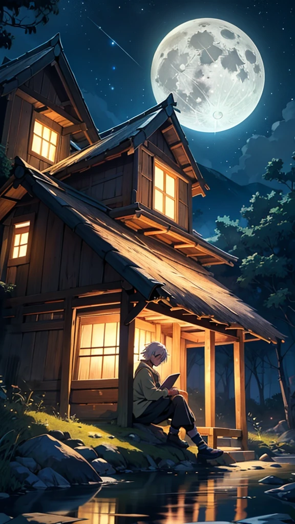 4k anime, bright colors, full moon night boy sitting besides small hut, colorful insects flying, light inside hut as well, stars glowing, nature, anime