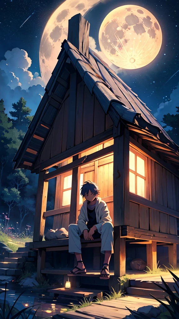 4k anime, bright colors, full moon night boy sitting besides small hut, colorful insects flying, light inside hut as well, stars glowing, nature, anime