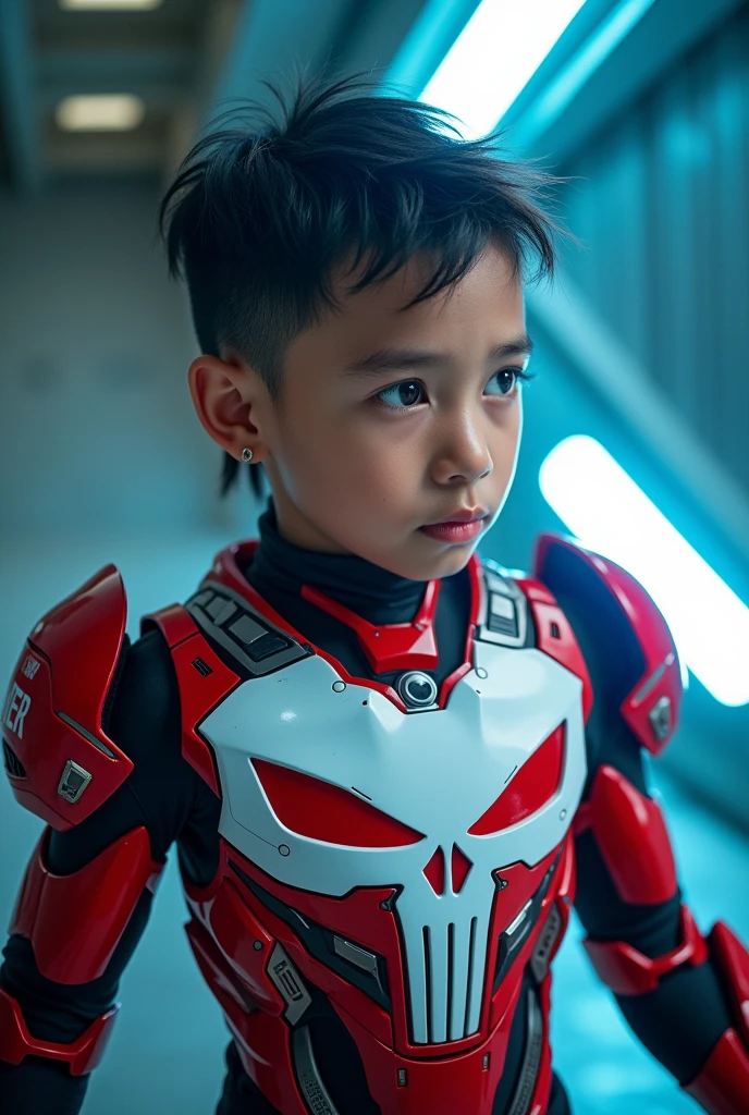 a  boy wearing a red and white exoskeleton armor, a robot face on his chest , malaysian mullet hairstyle, detailed face and eyes, highly detailed, 8k, photorealistic, cinematic lighting, concept art, sci-fi. Led light blue. Punisher. Marvel. 