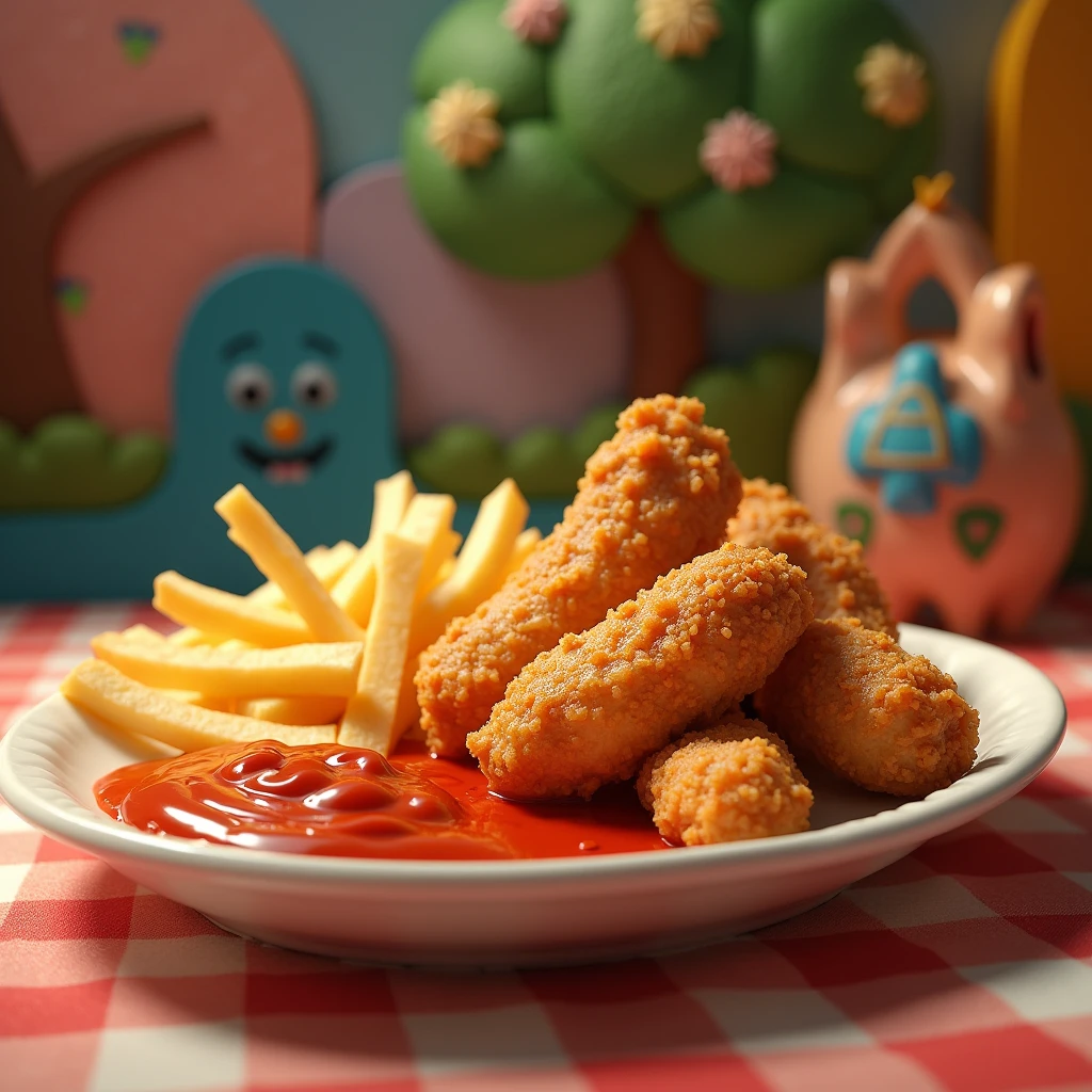 gourmet food，Fried chicken，fries，Tomato sauce，Disney style