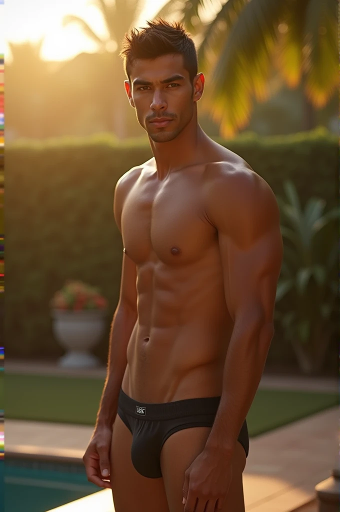 (best quality,highres,masterpiece:1.2),ultra-detailed,photorealistic, radiosity, photon mapping, dtx, 8K), ((((closeup, humid, natural, (masterpiece, photorealistic:1.4, extremely intricate:1.3, radiosity, photon mapping, dtx, 8K), a tall, lean, lanky, handsome, clean-shaven, alpha Mexican man with short black hair, and almond-shaped, brown eyes. He is wearing loose boxer short with a clear definition of his impressive manhood and nothing else, hyper-realistic,detailed eyes,detailed lips, vibrant colors,soft lighting,studio setting, masculine,pensive expression, shallow depth of field,subtle smile,airy, Cinematic, Hyper-detailed, insane details, Beautifully color graded, Cinematic Lightning, Insanely detailed and intricate, Hyper maximalist, Volumetric, Full color, HDR, high budget Hollywood film, cinemascope, moody, epic, gorgeous , (((smile face))), (((full body shot))), he is standing in a lush patio on a sunny morning, and looking directly at the camera.(paired with the Canon EF 85mm f/1.4L IS USM lens:1.2), (the scene is bathed in soft, warm sunset light:1.2), (his confident and graceful pose showcasing his magnetism (ultra photorealistic, highlighting his features, Beautifully color graded, Cinematic Lightning, Insanely detailed and intricate, Hyper maximalist, Volumetric, Full color, HDR, shallow depth of field, high budget Hollywood film, cinemascope, moody, epic